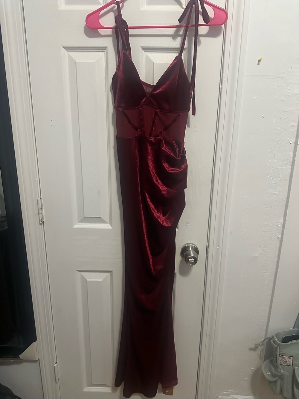 SHEIN Burgundy Satin Ruched Maxi Dress with Tie Straps